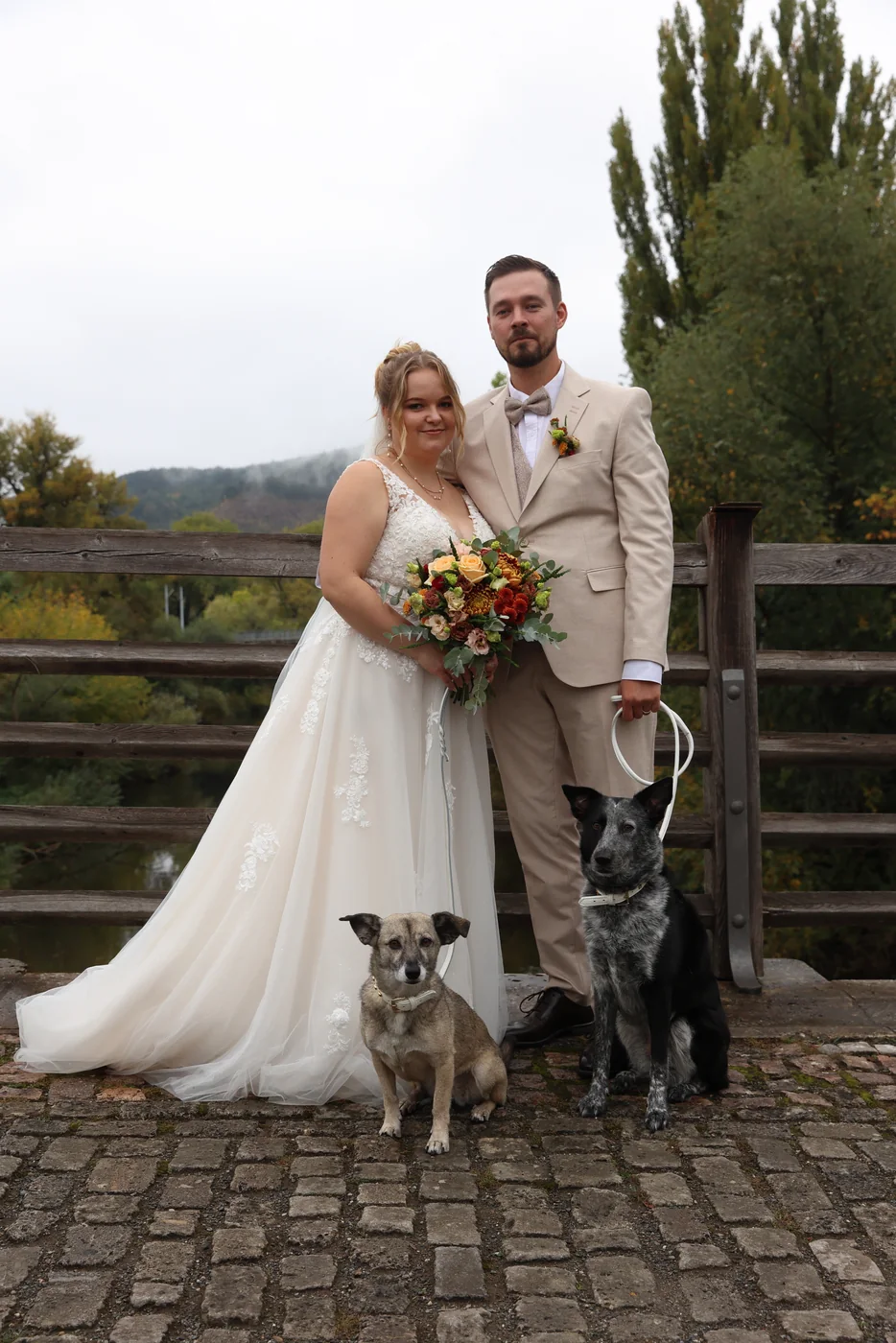 Jennifer und Tobias mit ihren beiden Hunden beim Paarshooting